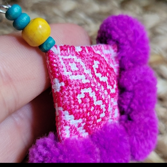 Fair Trade Purple PonPom Earrings, Hmong Tribe Embroidered, Artisan - Picture 4 of 5